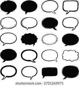 Conjunto de iconos de burbuja de discurso dibujado a mano. Contiene cuadros de chat incompletos, nubes de mensajes de doodle, marcos de conversación de textura áspera, Formas de diálogo cómico y globos de pensamiento.