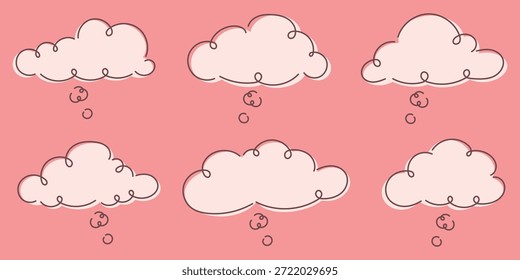 Hand drawn speech bubble illustration set with soft cloud shapes and curly tails in pastel pink background showing multiple cartoon dialog bubbles with smooth lines gentle style