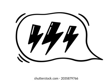 Hand drawn speech bubble with lightning. Vector illustration isolated in doodle style on white background.