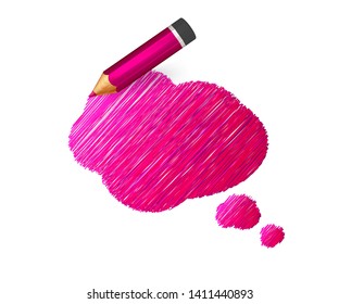 Hand drawn speech bubble paint with pencil on white background. Banner with doodles of pink crayon and place for message. Sketch cloud, colorful lines stroke and scribble