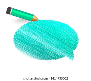 Hand drawn speech bubble paint with pencil on white background. Banner with doodles of turquoise crayon and place for message. Sketch cloud, colorful lines stroke and scribble