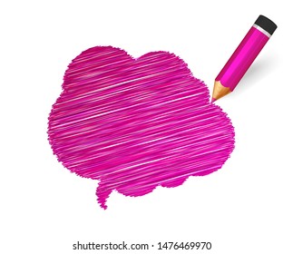 Hand drawn speech bubble paint with pencil on white background. Banner with doodles of pink crayon and place for message. Sketch cloud, colorful lines stroke and scribble