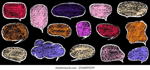 Hand drawn speech bubble scribble crayon. Squiggle, scratch doodle kid speech bubble. Crayon scratch texture shape children kid naive. Vector illustration