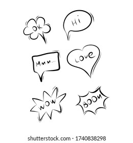 Hand drawn speech bubble set with short phrases, vector illustration