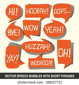 Hand drawn speech bubble set with short phrases (oh, hi; yeah, wow, yay, bye, hooray, woohoo, huzzah, oops) on white background -  vector illustration