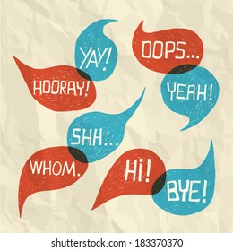 Hand drawn speech bubble set with short phrases (oh, hi, yeah, yay, bye, hooray, whom, oops, shh) on paper texture background - vector illustration