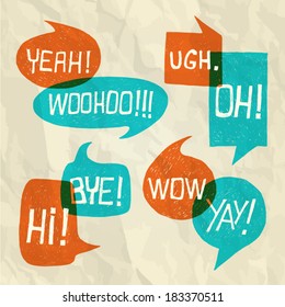 Hand drawn speech bubble set with short phrases (oh, hi, yeah, yay, bye, woohoo, wow, ugh) on paper texture background - vector  illustration