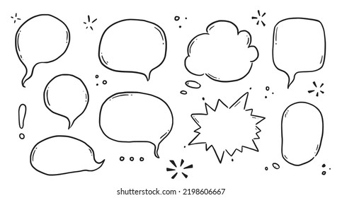 Hand drawn speech bubble set. Sketch comic doodle style speech bubble for text quote. Doodle outline dialog balloon. Vector illustration.