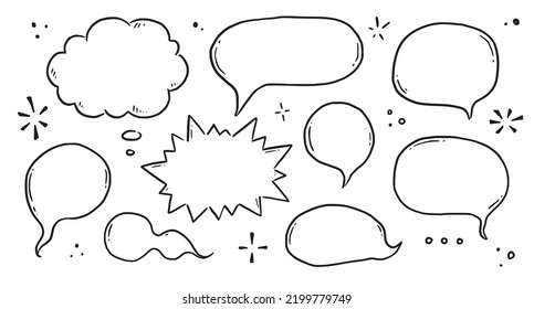 Hand drawn speech bubble set. Sketch comic doodle style speech bubble for text quote. Doodle outline dialog balloon. Vector illustration.