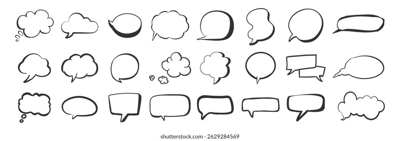 Hand Drawn Speech Bubble Set. Doodle Sketch Chat Boxes, Comic Balloons, and Message Frames for Text or Quotes, Isolated on Transparent Background