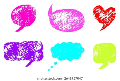Hand drawn speech bubble set in pastel, chalk or crayon style. Fun and creative vector elements for kids, comics, notes, social media posts, doodles, and playful design projects.