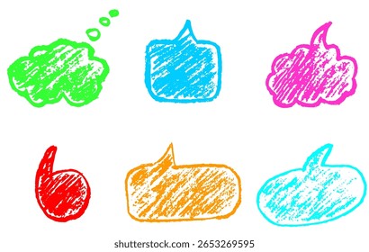 Hand drawn speech bubble set in pastel, chalk or crayon style. Fun and creative vector elements for kids, comics, notes, social media posts, doodles, and playful design projects.