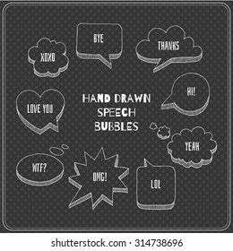 Hand drawn speech bubble set with short phrases (hi, yeah, bye, wtf, omg, love you, xoxo, thanks, lol) on polka dot texture background. EPS 10