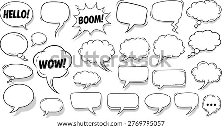 Hand Drawn Speech Bubble Set with Comic Style Dialogue Clouds and Text Balloons