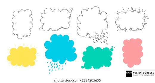 Hand drawn speech bubble shape set. Linear and filled shapes for quotes, stickers. Vector cartoon style object set.