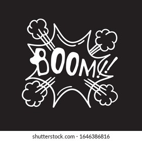 Hand drawn speech bubble with text on black chalk board  background. Vector pop art object and word BOOM. Doodle element for dialog or comic