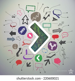 Hand drawn speech bubbles and arrows icons set and sticker with arrow
