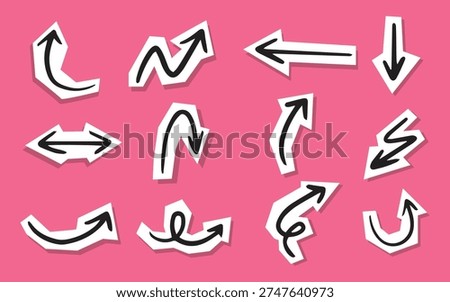 Hand drawn speech bubbles, arrows. Set of colorful arrow stickers. Paper clippings. Editable.