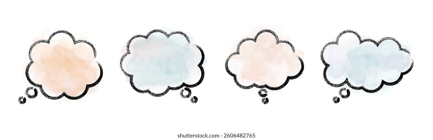 Hand drawn speech bubbles with a black pencil or crayon and watercolor filling. Cute dialog frames, ballons, clouds for communication