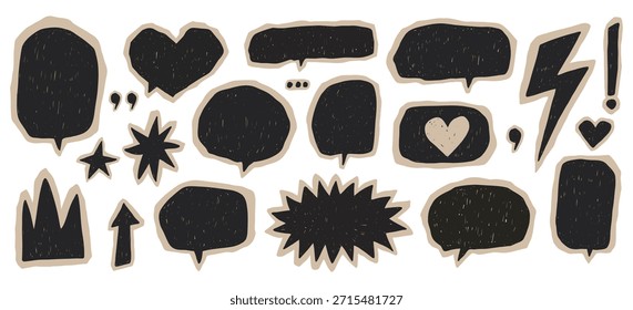 Hand drawn speech bubbles, black doodle stickers set. Abstract shapes, hearts, stars, arrows and decorative elements