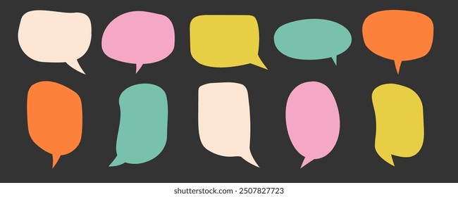 Hand drawn speech bubbles. Blank speak bubble, chatting or message box collection. Vector illustration on black background.