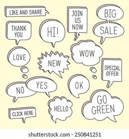 Hand drawn speech bubbles / callouts set with different messages. Vector illustration