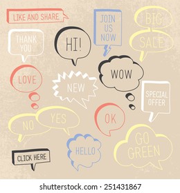 Hand drawn speech bubbles / callouts set with different messages on grunge background. Vector illustration