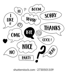 Handgezeichnete Sprechblasen mit Chatwörtern, schwarz-weißem Doodle-Comic-Stil