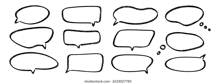 Hand drawn speech bubbles collection. Doodled crayon dialog box set. Sketched textured comic talk frames. Round, square or ellipse balloon text box bundle. Vector chalk pencil chat or think cloud pack
