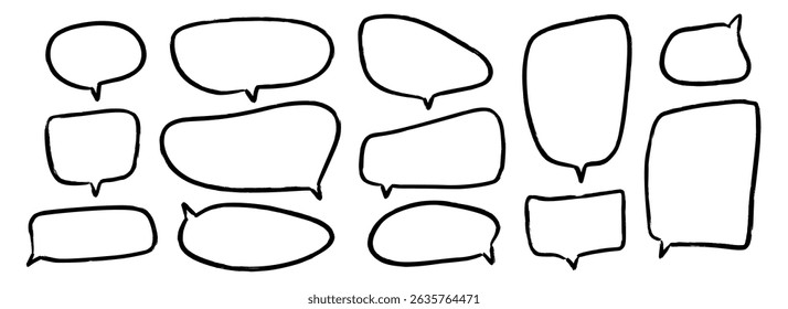 Hand drawn speech bubbles collection. Doodled marker dialog box set. Sketched textured comic talk frames. Round, square or rectangle balloon text box bundle. Vector felt tip pen chat cloud pack
