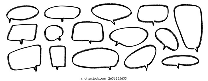 Coleção de bolhas de fala desenhadas à mão. Conjunto de caixas de diálogo de marcador rabiscado. Quadros de quadrinhos texturizados esboçados. Pacote de caixa de texto em balão de retângulo, quadrado ou redondo. Pacote de caixa de bate-papo de caneta de ponta de feltro vetorial