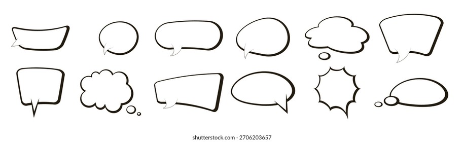 Handgezeichnete Sprechblasensammlung. Doodled-Marker-Dialogbox gesetzt. Skizzierte strukturierte Comic-Talkframes. Textfeldbündel in runden, quadratischen oder rechteckigen Ballons. Vektor Filz Tipp Stift Chat Box Pack, Vektor.