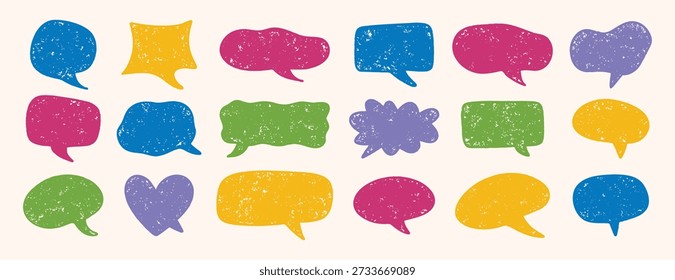 Hand drawn speech bubbles colored textured set dialogue design. Vector illustration