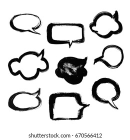 Hand drawn speech bubbles created by dry brush. Grunge style set on the white background. Vector clip art elements for expressive design.