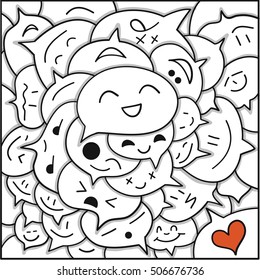 Hand drawn speech bubbles with cute and kawaii faces. Doodle vector illustration with love and smile characters.