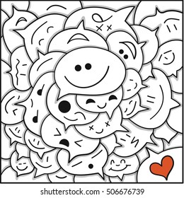 Hand drawn speech bubbles with cute and kawaii faces. Doodle vector illustration with love and smile characters.