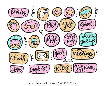 Hand drawn speech bubbles dialog text. Doodle style comic vector illustration. Stickers collection isolated on white background.