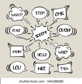 Hand drawn  of speech bubbles with dialog words:what,stop,OMG,peace,boom,crash,damn,hello,who,lol,nice,talk