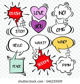 Hand drawn  of speech bubbles with dialog words:crash,love,you,no,stop,OMG,hello,what,who,peace,boom,damn