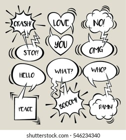 Hand drawn  of speech bubbles with dialog words: crash,love,you,no,stop,OMG,hello,what,who,peace,boom,damn. Vector illustration.