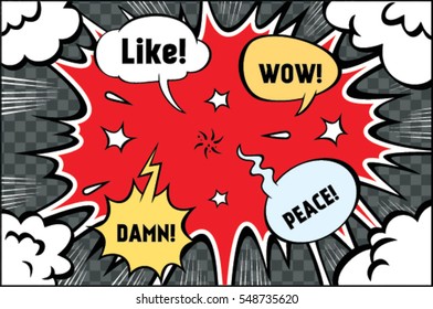 Hand drawn  of speech bubbles with dialog words: damn, wow, like, peace. Vector illustration.