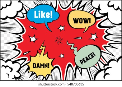 Hand drawn  of speech bubbles with dialog words: damn, wow, like, peace. Vector illustration.