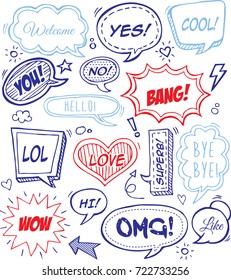 Hand drawn  of speech bubbles with dialog words: Hello, Love, Bye, like,cool,welcome. Vector illustration.