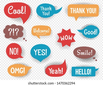 Hand drawn speech bubbles with different words and phrases, halftone shadows, vector eps10 illustration