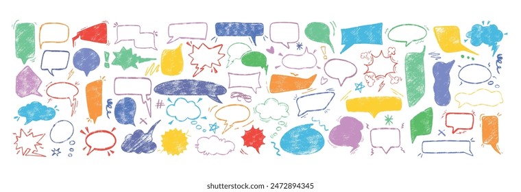 Hand drawn speech bubbles in different shapes. Colorful chalk pencil frames for chat and comments. Crayon dialog balloon, color doodle drawing thinking box. Grunge comic cloud text, conversation boxes