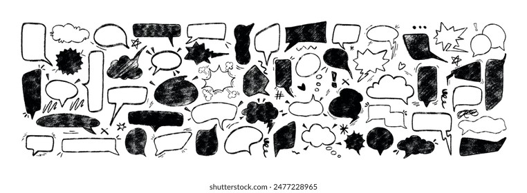 Hand drawn speech bubbles different shapes. Black chalk frames for chat and comments. Crayon dialog balloon, doodle drawing thinking box. Sketch comic message clouds, explosion pencil smear text boxes
