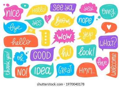 Hand drawn speech bubbles. Doodle dialogue bubble, thinking cloud with handwritten text. Cute comic talking balloons, notebook stickers vector set. Sounds and phrases for communication