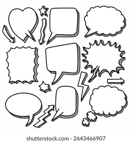 Hand drawn speech bubbles and doodles vector. Conversation and communication doodle set. Sketchy message balloons and arrows set