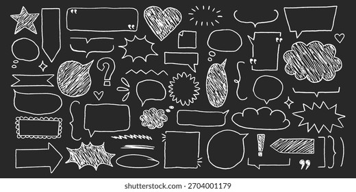 Hand drawn speech bubbles with grainy chalk texture and playful geometric shapes, text box chalkboard accents, empty dialog frames, soft crayon strokes and dusty finish.