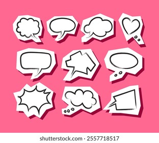 Hand drawn speech bubbles. Grunge isolated social media stickers. Paper clippings. Editable elements